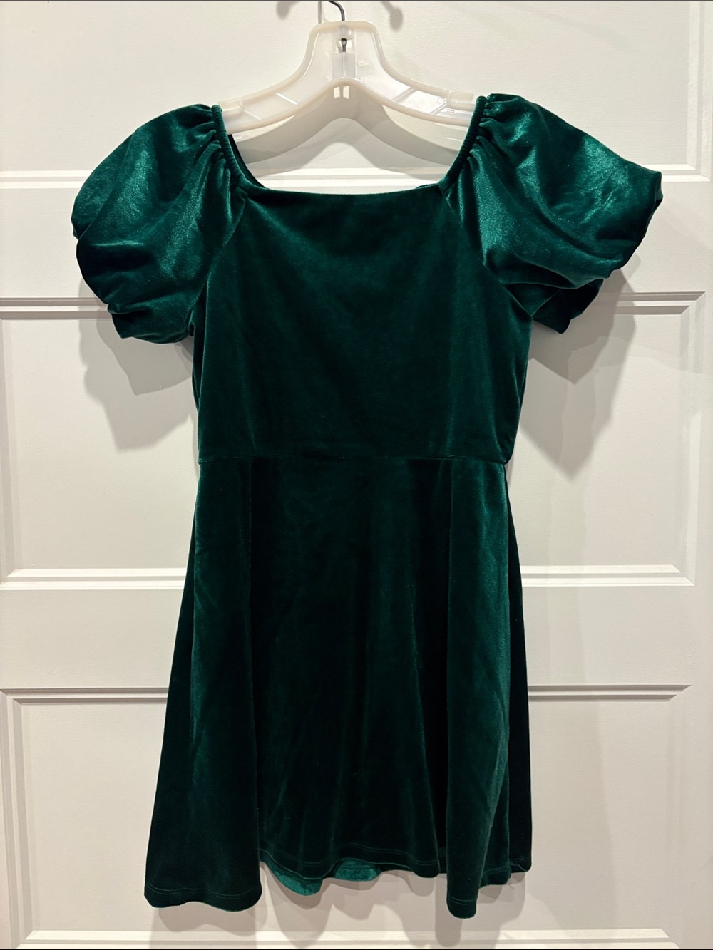 GB girls Emerald Green Velvet Puff-Sleeve A-Line Dress